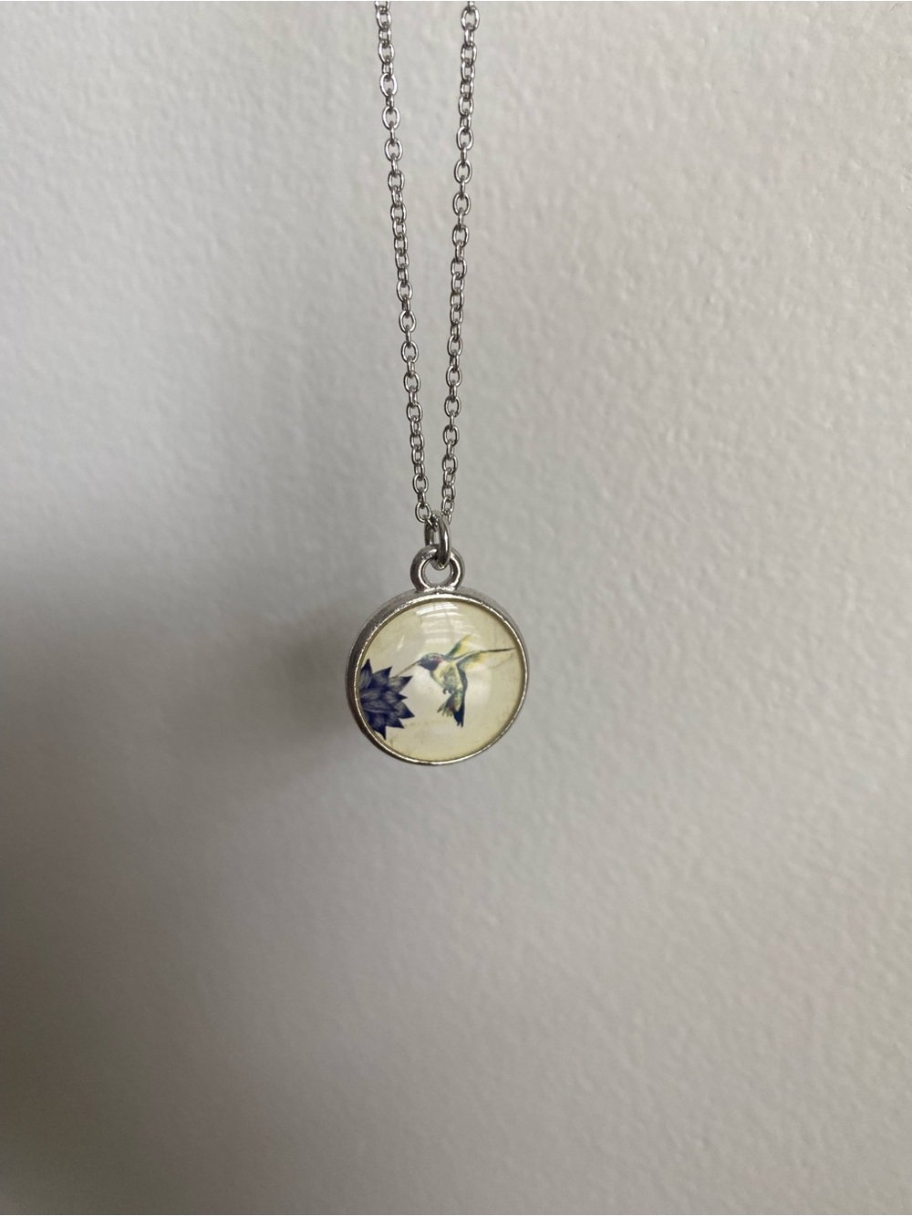 Sweet Silver Hummingbird Pendant Necklace - White and Blue